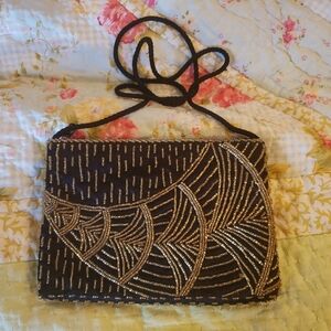 Small Vintage Magid Black Purse With Gold Beadwork Crossbody Shoulder Bag Clutch
